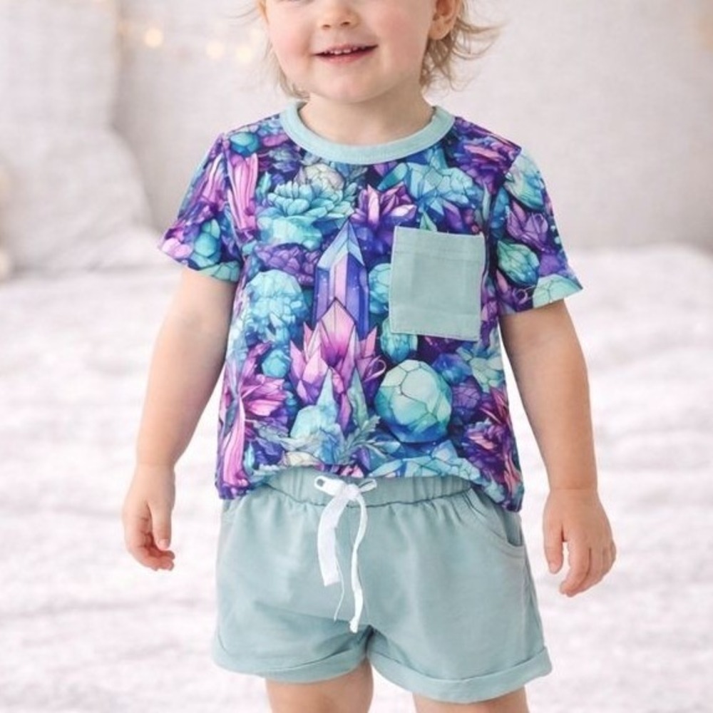 NEW Mavella Boutique Bamboo 12-18M Gems Geodes Crystals Print T-Shirt Shorts Set